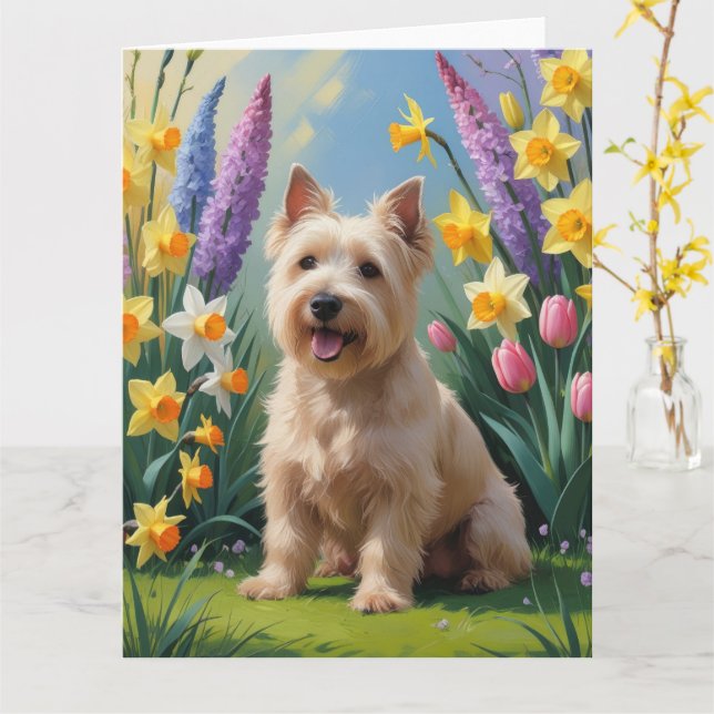 Carte Peinture de fleurs printanières de chien Terrier B (Fleur jaune)