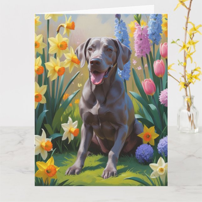 Carte Peinture de fleurs printanières de chien Weimarane (Fleur jaune)