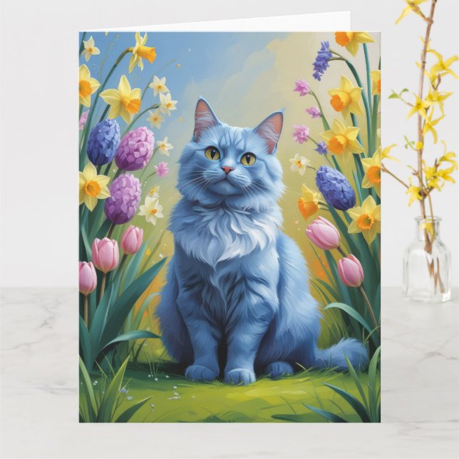 Carte Peinture de printemps de chats bleu russe (Fleur jaune)