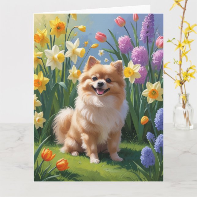 Carte Peinture de printemps de chien de Poméranie (Fleur jaune)