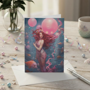 Carte Peinture de sirène Ballons d'anniversaire rose