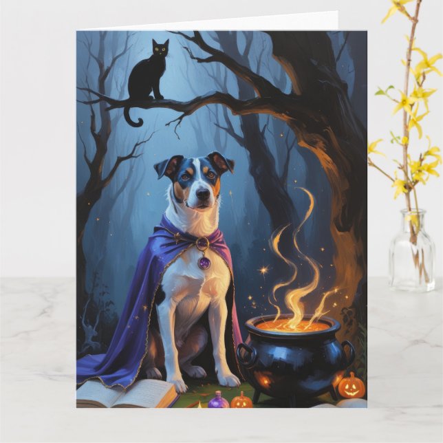 Carte Peinture d'Halloween blanc Heeler Chien Whimsical (Fleur jaune)