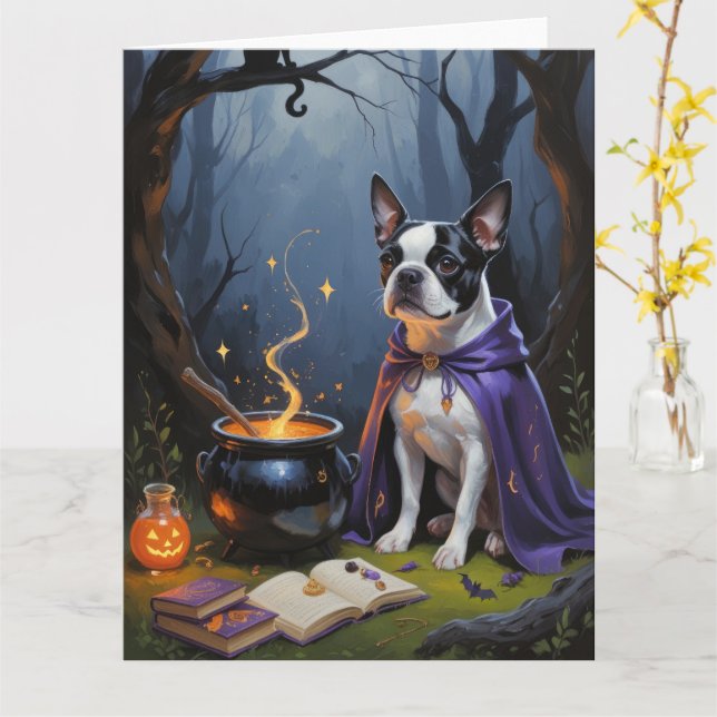 Carte Peinture d'Halloween de Boston Terrier Chien blanc (Fleur jaune)