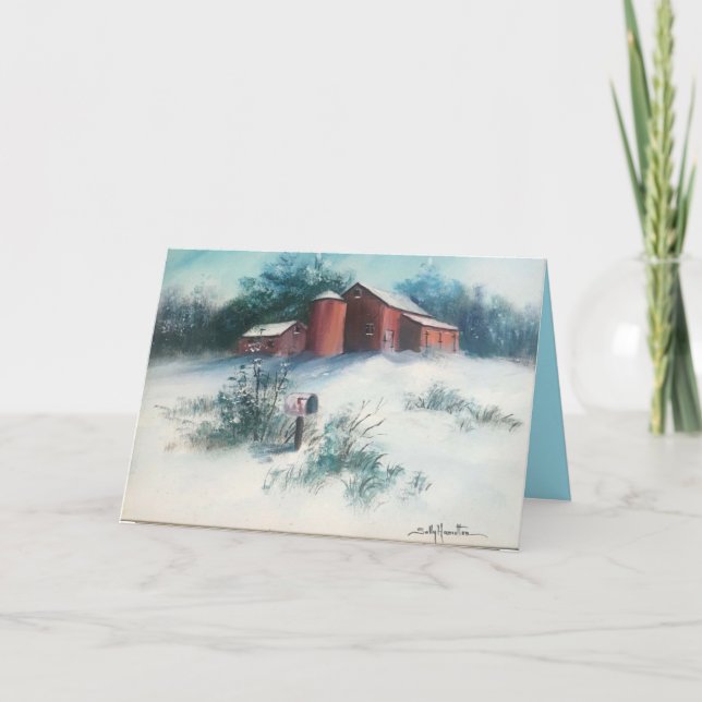 Carte Peinture paysage neigeux Ferme rustique avec grang (Devant)