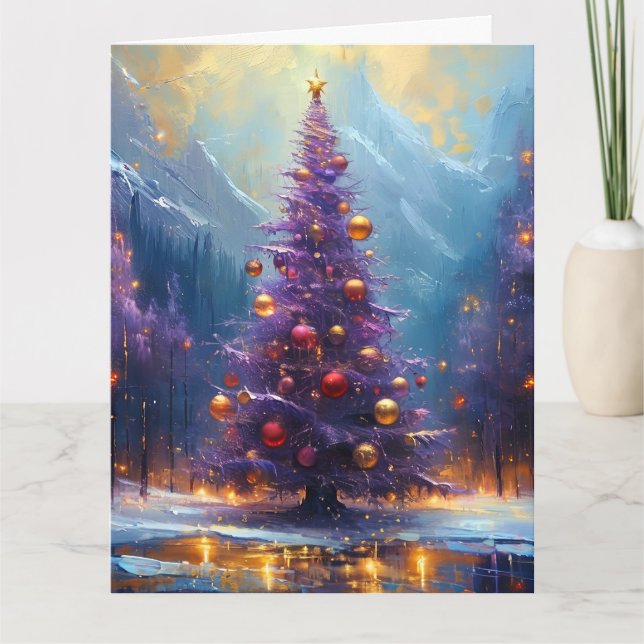 Carte Peinture rêvée de l'arbre de Noël pourpre et or (Devant)