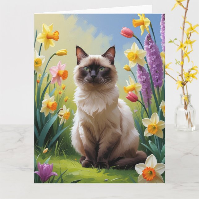 Carte Peinture Siamese Chat Fleurs de Printemps (Fleur jaune)