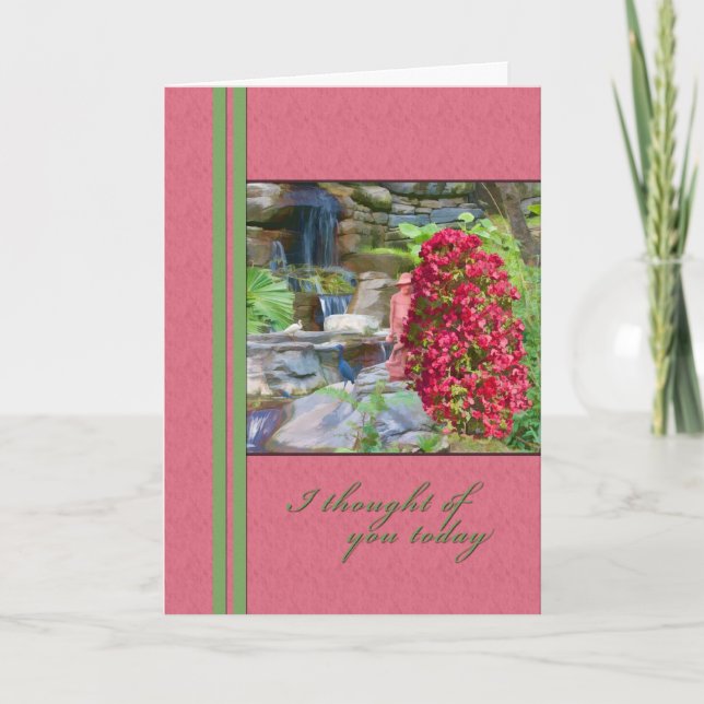 Carte Pensant à vous, bouganvillée, oiseaux, cascade (Devant)