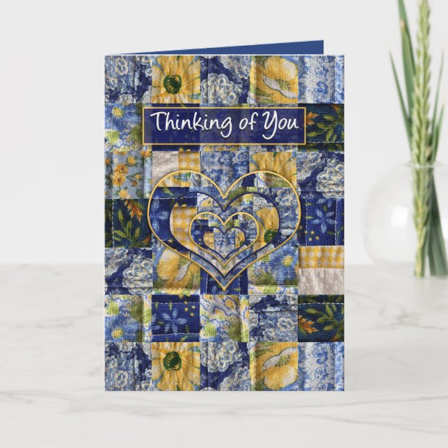 Carte Pensant à vous, le carré d'édredon, bleu jaune, (Devant)