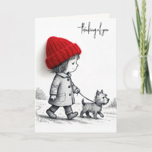 Carte Pensant à Vous Petite Fille Promenant Son Chien