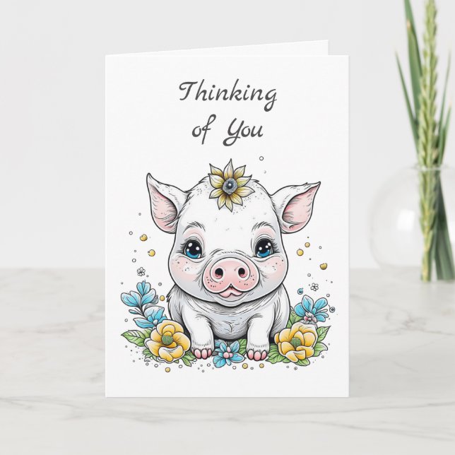 Carte Pense à toi ! Cochon mignon aux fleurs jaunes (Devant)