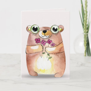 Carte pensée à l'ours de vous-aquarelle avec le bouquet