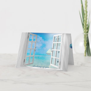 Carte penser à une fenêtre ouverte avec un phare blanc