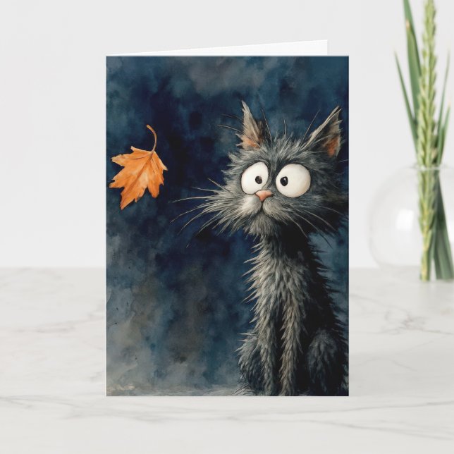 Carte Penser à votre chat avec la feuille d'automne (Devant)
