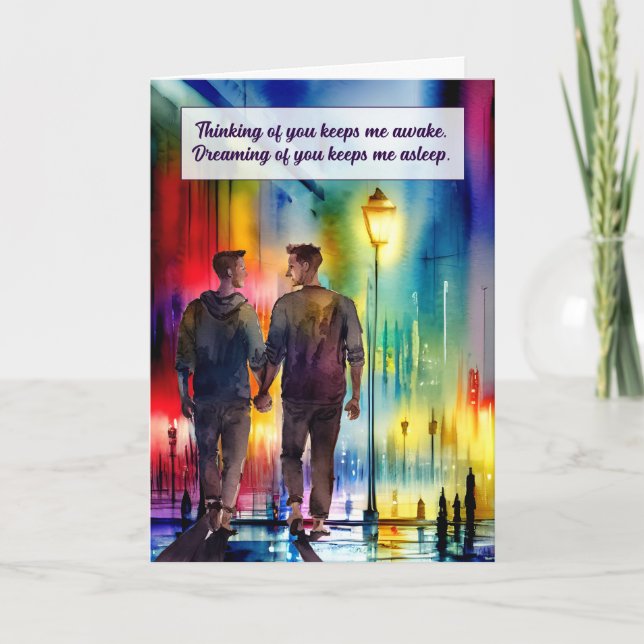 Carte Penser à vous Hommes gays main dans la main arc-en (Devant)