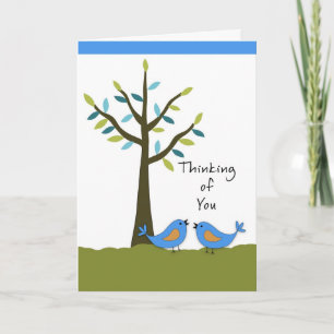 Carte Pensez à vous avec deux oiseaux bleus et un arbre