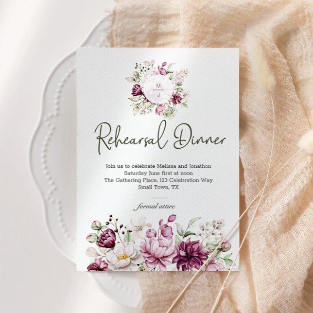 Carte Peonies Bourgogne rose Dîner de répétition florale (Créateur téléchargé)