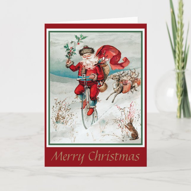 Carte Père Noël à vélo avec renne et lapin (Devant)