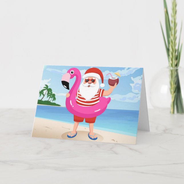 Carte Père Noël avec anneau gonflable de flamant rose (Devant)