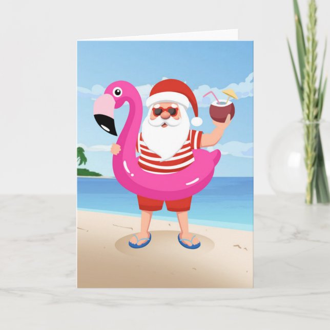 Carte Père Noël avec anneau gonflable flamant rose (Devant)