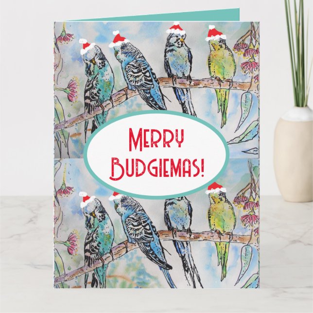 Carte Père Noël Budgie Noël aquarelle peinture oiseau (Devant)