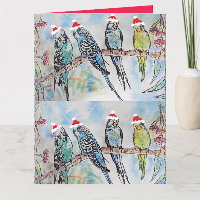Carte Père Noël Budgie Noël aquarelle peinture oiseau (Devant)