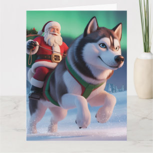 Carte Père Noël chevauchant un husky géant à travers la 