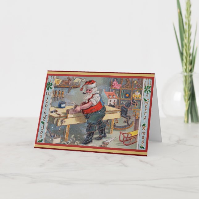 Carte Père Noël dans son atelier, Joyeux Noël, (Devant)