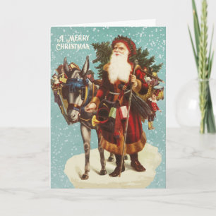 Carte Père Noël de Noël vintage avec âne et jouets