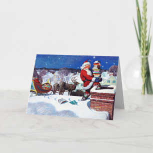 Carte Père Noël descendant la cheminée pour livrer des l