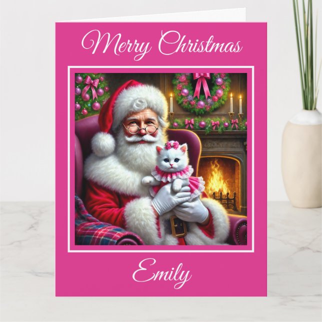 Carte Père Noël et chaton blanc avec cou rose (Devant)