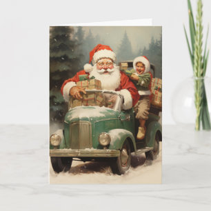 Carte Père Noël et enfant dans une petite voiture verte