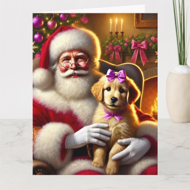 Carte Père Noël et Golden Retriever Puppy avec Pink Bow (Devant)