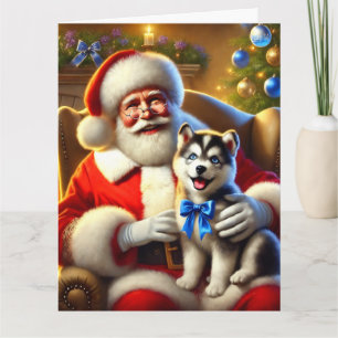 Carte Père Noël et Husky Puppy avec Blue Bow
