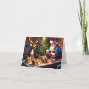 Carte Père Noël et rennes font une maison en pain d'épic