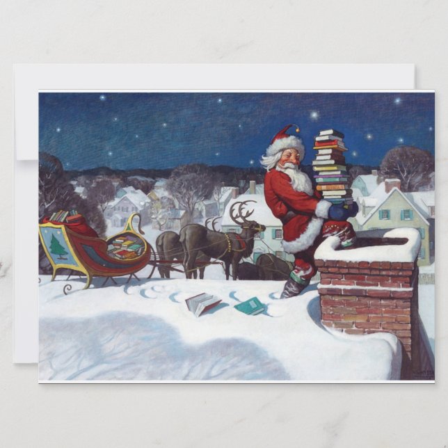 Carte Père Noël livrant des livres à Noël, (Devant)
