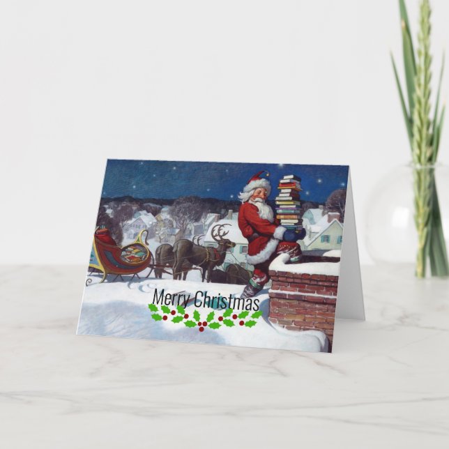 Carte Père Noël livrant une brassée de livres par Wyeth (Devant)