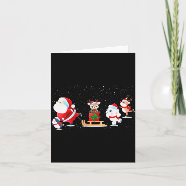 Carte Père Noël mignon patine avec des amis - Famille (Devant)