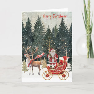 Carte Père Noël New Sleigh Faux Broderie Joyeux Noël