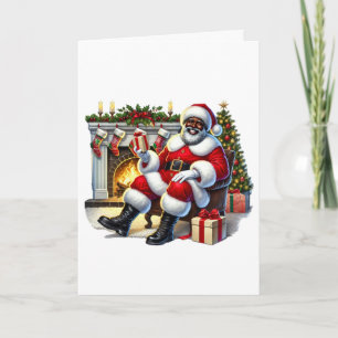 Carte Père Noël noire avec cheminée Noël personnalisé