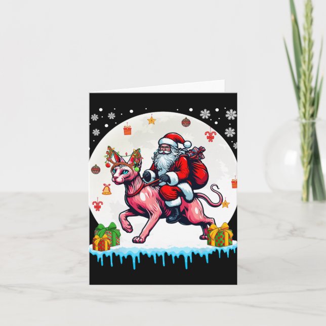 Carte Père Noël Riding Reindeer Sphynx Chat Noël Proprié (Devant)