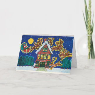 Carte Père Noël, Sleigh et Reindeer Landing sur le toit