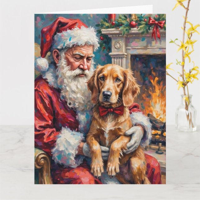 Carte Père Noël tenant l'art de Noël de Setter Anglais (Fleur jaune)