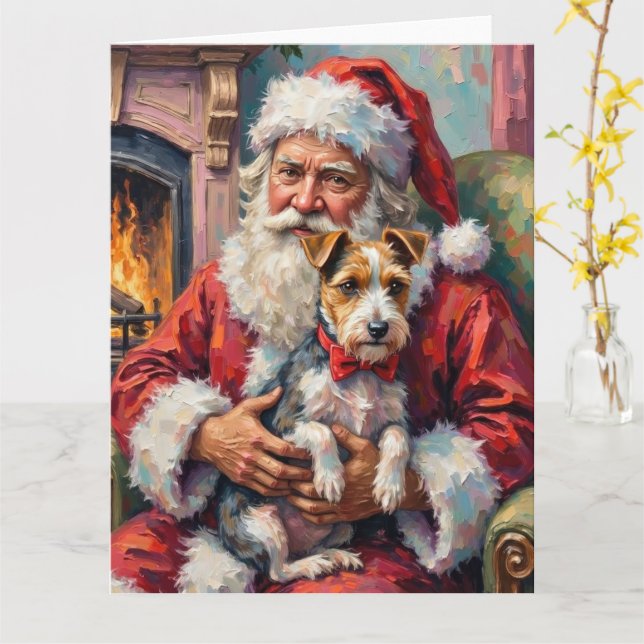 Carte Père Noël tenant l'art de Noël du terrier Wirefox (Fleur jaune)