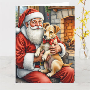Carte Père Noël tenant un Bouvier des Flandres de Noël