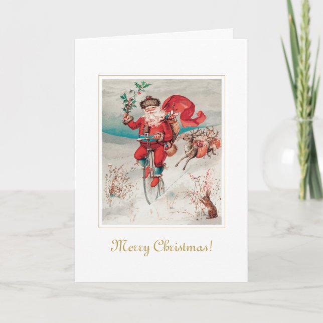 Carte Père Noël Unique sur un Vélo Art de Noël (Devant)
