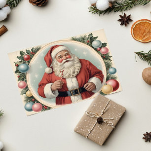 Carte Père Noël vintage avec couronne de Noël