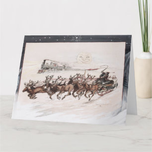 Carte Père Noël vintage et rennes avec lune; vers 1875