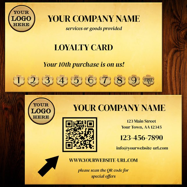 Carte perforée Ocher Black Gold Loyalty (Eye-catching artistic loyalty punch card in ocher and black with logo and QR code - business card)