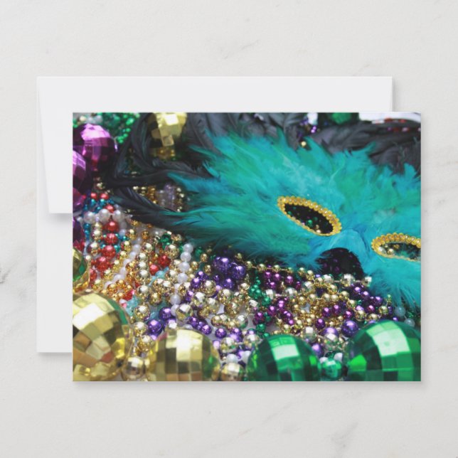 Carte Perles Mardi Gras et Masque de Plumes Vertes (Devant)