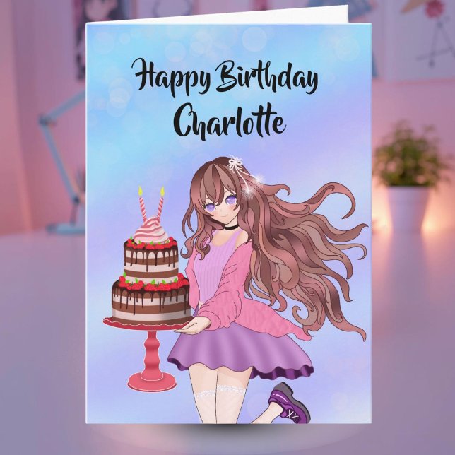 Carte Personalize Anime Teenager Girl With Birthday Cake (Créateur téléchargé)